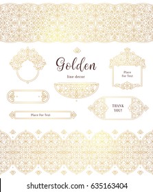 Vector vintage seamless borders, frames, vignettes for design template. Eastern style element. Golden outline floral decor. Luxury illustration for invitations, greeting card, wallpaper, web.