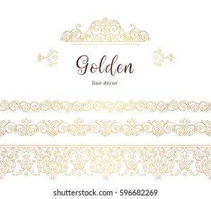 Vector vintage seamless borders, vignette for design template. Eastern style element. Golden outline floral decor. Luxury illustration for invitations, greeting card, wallpaper, web, background.