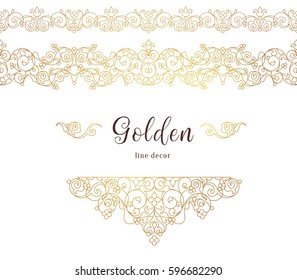 Vector vintage seamless borders, vignette for design template. Eastern style element. Golden outline floral decor. Luxury illustration for invitations, greeting card, wallpaper, web, background.