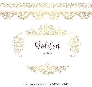 Vector vintage seamless borders, vignette for design template. Eastern style element. Golden outline floral decor. Luxury illustration for invitations, greeting card, wallpaper, web, background.