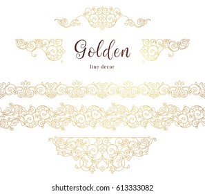 Vector vintage seamless borders, vignettes for design template. Eastern style element. Golden outline floral decor. Premium illustration for invitations, greeting card, wallpaper, web, background.