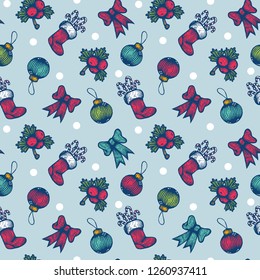 Vector vintage seamless Christmas pattern. Vintage pattern with Christmas symbols for holidays.