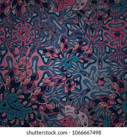 Vector. Vintage. Seamless Doodles blue, pink, black, neutral and violet on colors. Stylish fabric pattern.