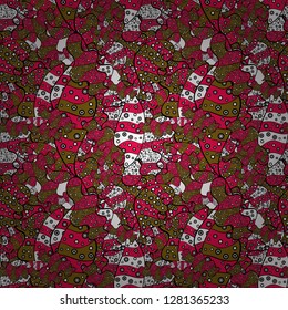 Vector. Vintage. Seamless Doodles brown, black and magenta on colors. Stylish fabric pattern.