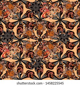 Vector. Vintage. Seamless Doodles orange, beige and black on colors. Stylish fabric pattern.