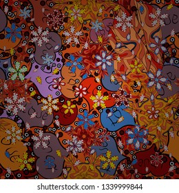Vector. Vintage. Seamless Doodles red, black and orange on colors. Stylish fabric pattern.