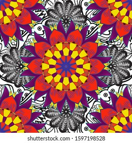 Vector. Vintage. Seamless Doodles red, gray and purple on colors. Stylish fabric pattern.