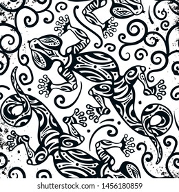 Vector vintage seamless ethnic pattern image lizards and lines, to be applied to any surface, can be used for a textile, coloring book, prints, phone case and card. Australian and Indian ornament
