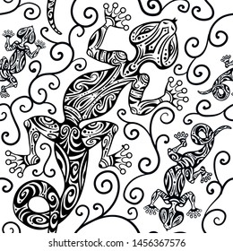 Vector vintage seamless ethnic pattern image lizards and lines, to be applied to any surface, can be used for a textile, coloring book, prints, phone case and card. Australian and Indian ornament