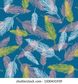 Vector vintage seamless feather pattern. Retro pattern with colorful feathers. Vintage vector feather texture.