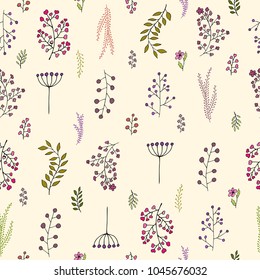 Vector vintage seamless floral pattern. Herbs and wild flowers. Botanical Illustration engraving style.