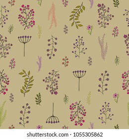 Vector vintage seamless floral pattern. Herbs and wild flowers. Botanical Illustration engraving style.