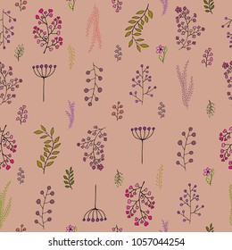 Vector vintage seamless floral pattern. Herbs and wild flowers. Botanical Illustration engraving style.