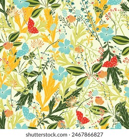 Vector vintage seamless floral pattern. Herbs and wildflowers.  Can be used in textile industry, paper, background, scrapbooking.