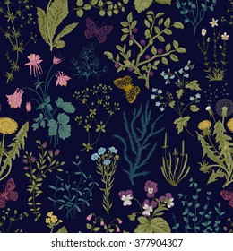 Vector vintage seamless floral pattern. Herbs and wild flowers. Botanical Illustration engraving style. Colorful