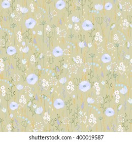 Vector vintage seamless floral pattern. Herbs and wild flowers. Botanical Illustration engraving style. Pastel blue gray on beige background