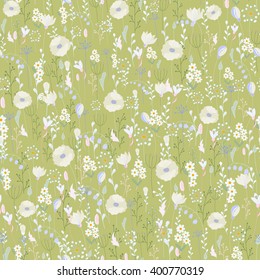 Vector vintage seamless floral pattern. Herbs and wild flowers. Botanical Illustration engraving style. Pastel orange blue gray on pale green background
