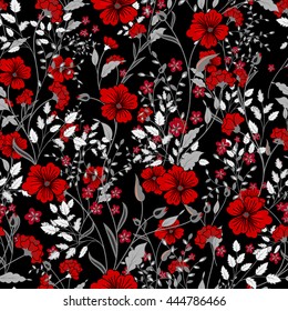 Vector vintage seamless floral pattern. Herbs and wild flowers. Botanical Illustration engraving style. Colorful red gray on black background