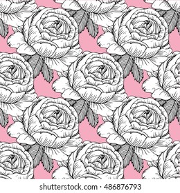 Vector vintage seamless floral pattern.Illustration engraving style.Black and white.Garden roses.Black and white flowers on a pink background.Seamless pattern of roses. Line drawing.