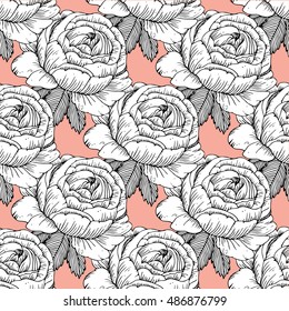 Vector vintage seamless floral pattern.Illustration engraving style.Black and white.Garden roses.Black and white flowers on a peach background.Seamless pattern of roses. Line drawing.