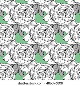 Vector vintage seamless floral pattern.Illustration engraving style.Black and white.Garden roses.Black and white flowers on a green background.Seamless pattern of roses. Line drawing.
