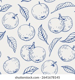 Vector Vintage seamless pattern apples fruit and leaves. Hand drawn Linear elements. Blue beige. Background for design packaging, textile, wrapping paper, wallpaper, Fashion apparel, fabric Monochrome