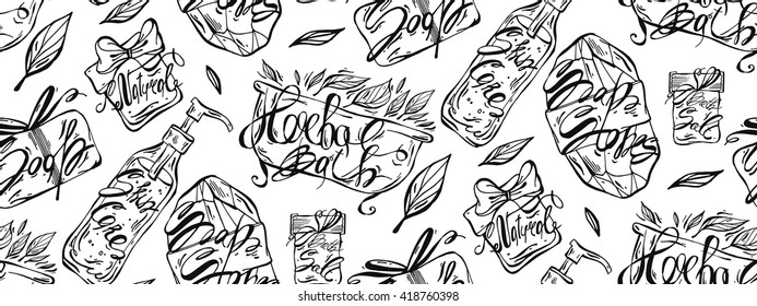 Vector vintage seamless pattern with Bath,Cosmetics Bottle,Soap and Soap Stones lined.Perfect packing Background design for cosmetics,store,beauty salon,natural and organic products.