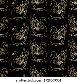 Vector vintage seamless pattern with beautiful sparkle gold glitter outline swans silhouettes. Fantasy birds and lake illustration on black background 