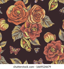 Vector vintage seamless pattern with blooming flowers of begonia, butterflies and bees. Natural texture on black background