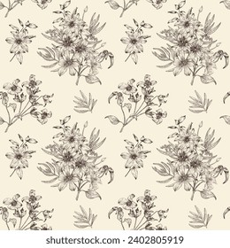 Vector vintage sin fisuras con flores de ramo de café clematis en beige. Dibujado a mano. Fondo floral. Monocromo. Textiles, papel, papel pintado