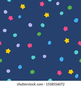 Vector vintage seamless pattern for Christmas with colorful snowflakes and stars. Retro funny pattern for holidays with snow and stars. Colorful dots.