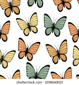 Vector vintage seamless pattern with colorful butterflies, orange, yellow, green on a white background, hand drawn illustration, doodle style
