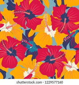 Vector vintage seamless pattern with colorful hibiscuses. Retro floral pattern with hibiscus