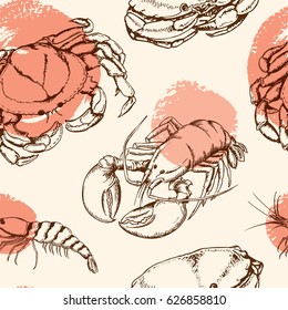 Vector vintage seamless pattern with crab, shrimp and lobster