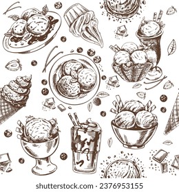 Vector vintage seamless pattern of different types of ice cream and sweet food. A hand-drawn monochrome illustration of desserts. Great for menu, poster or restaurant background.