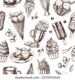 Vector vintage seamless pattern of different types of ice cream and sweet food. A hand-drawn monochrome illustration of desserts. Great for menu, poster or restaurant background.