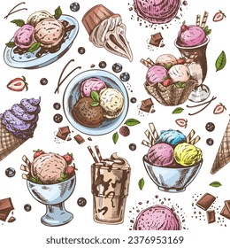Vector vintage seamless pattern of different types of ice cream and sweet food. A hand-drawn color illustration of desserts. Great for menu, poster or restaurant background.