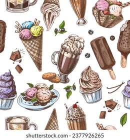 Vector vintage seamless pattern of different types of ice cream and sweet food. A hand-drawn color illustration of desserts. Great for menu, poster or restaurant background.