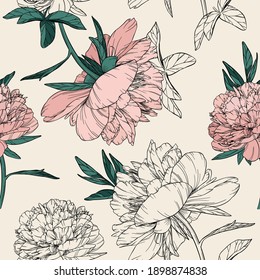 Vector vintage seamless pattern with elegant peony buds on a light brown background. Large pink flowers with black outlines. Hand drawn plant element. Imitation of a drawing on old craft paper.