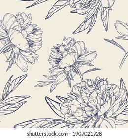 Vector vintage seamless pattern with elegant peony buds on a light brown background. Large black and white outline flowers. Hand drawn plant element. Imitation of a drawing on old craft paper.