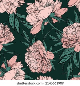 Vector vintage seamless pattern with elegant peony on dark green background. Large soft pink flower buds with black outline. Hand drawn floral element. Graphic plant decorative composition with stroke