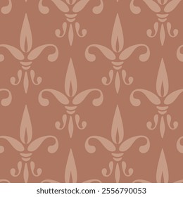 Vector vintage seamless pattern of fleur de lys motif. Vector pattern of fleur de lis. French lily in mocha mousse trendy color.