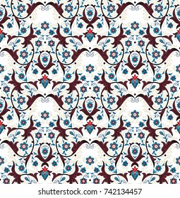 Vector vintage seamless pattern with floral ornament. Vintage element for design in Eastern style. Ethnic decoration. Ornate decor for wallpaper. Endless texture. Arabic pattern fill.