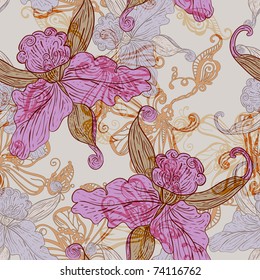 vector vintage seamless pattern with flowers, clipping masks, eps10
