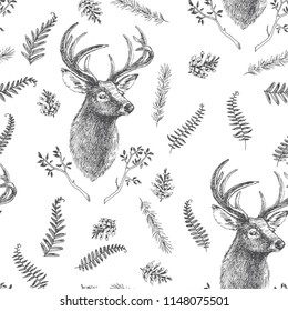Vector vintage seamless pattern. Forest life. Hand drawn texture with deer head and botanical elements. Animal with branches, herbs and other natural details.