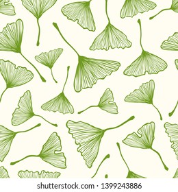 Vector vintage seamless pattern with ginkgo biloba leaf. Vector retro floral pattern with ginkgo biloba leaves