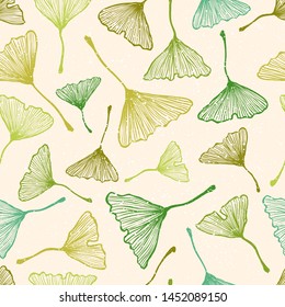 Vector vintage seamless pattern with ginkgo biloba leaf. Vector retro floral pattern with green ginkgo biloba leaves