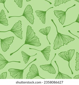 Vector vintage seamless pattern with ginkgo biloba leaf. Vector retro floral pattern with green ginkgo biloba leaves