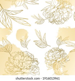 Vector vintage seamless pattern with gold ink blots and outline peonies on a white background. Artwork for the design of wedding invitations. Linear image of leaves and large buds of flowers. 