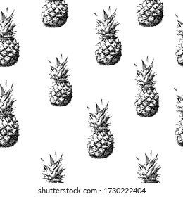 Vector vintage seamless pattern with hand drawn pineapples. Elements isolated on white background. Black and white sketch with line art.